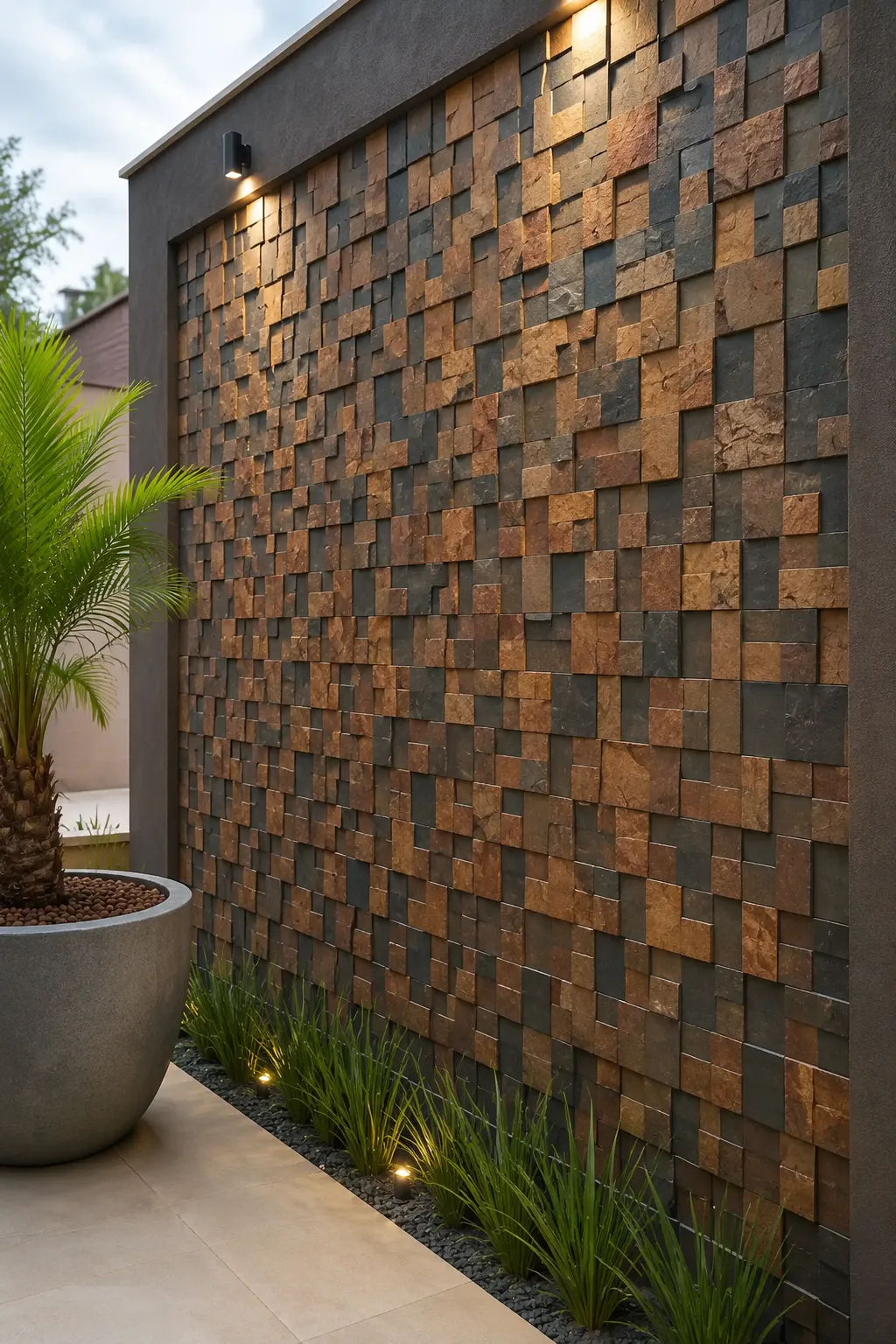 Pedra Ferro 10x10 em parede externa com jardim contemporâneo