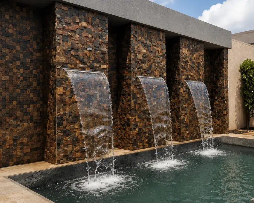 Área externa com piscina e revestimento natural em Pedra Ferro