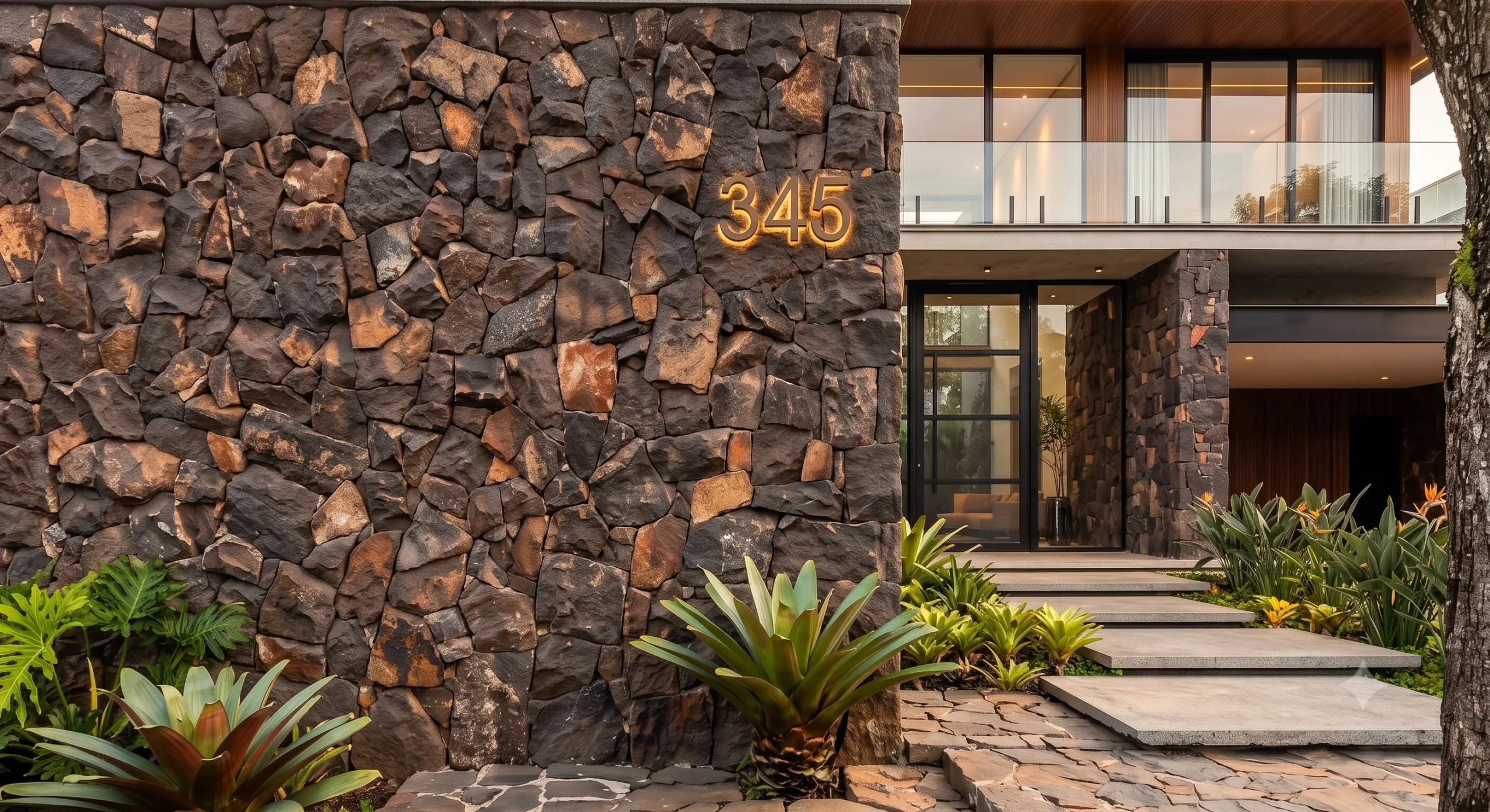 Pedra Ferro Caco revestindo muro de projeto residencial contemporâneo