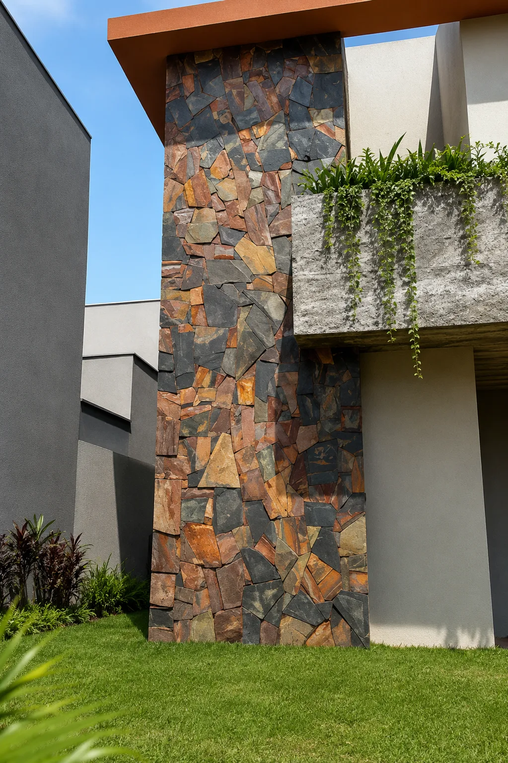 Pedra Ferro Orgânica aplicada como revestimento de fachada residencial