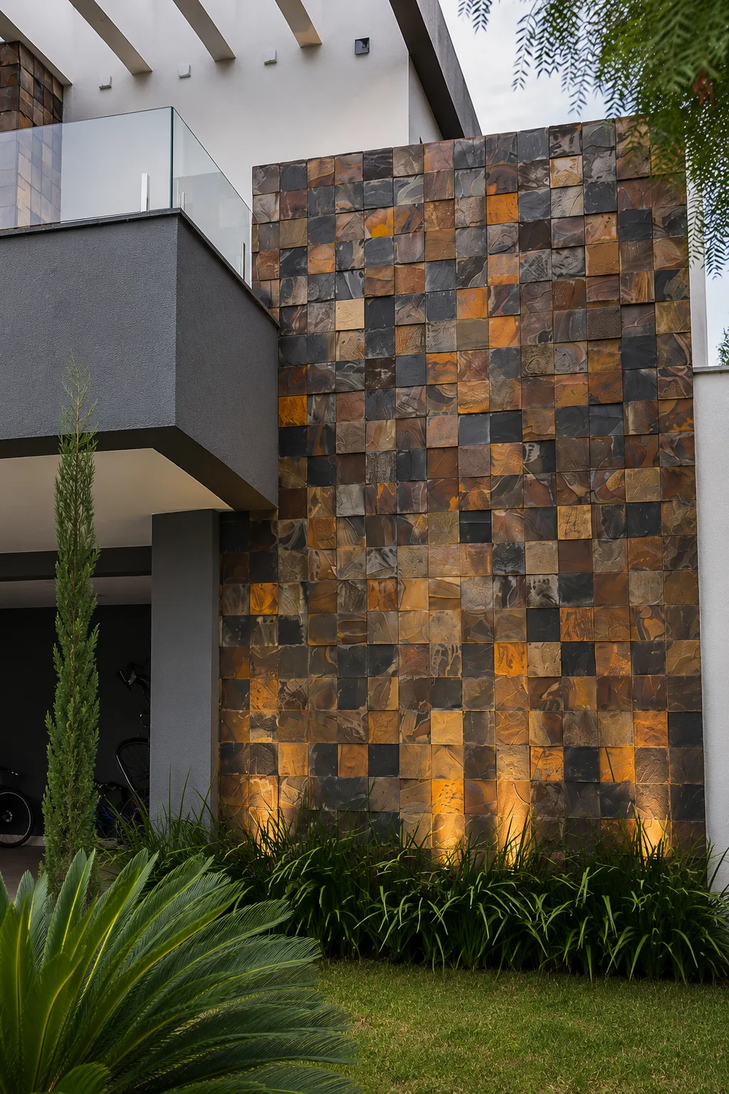 Pedra Ferro 10x10 em fachada iluminada com jardim