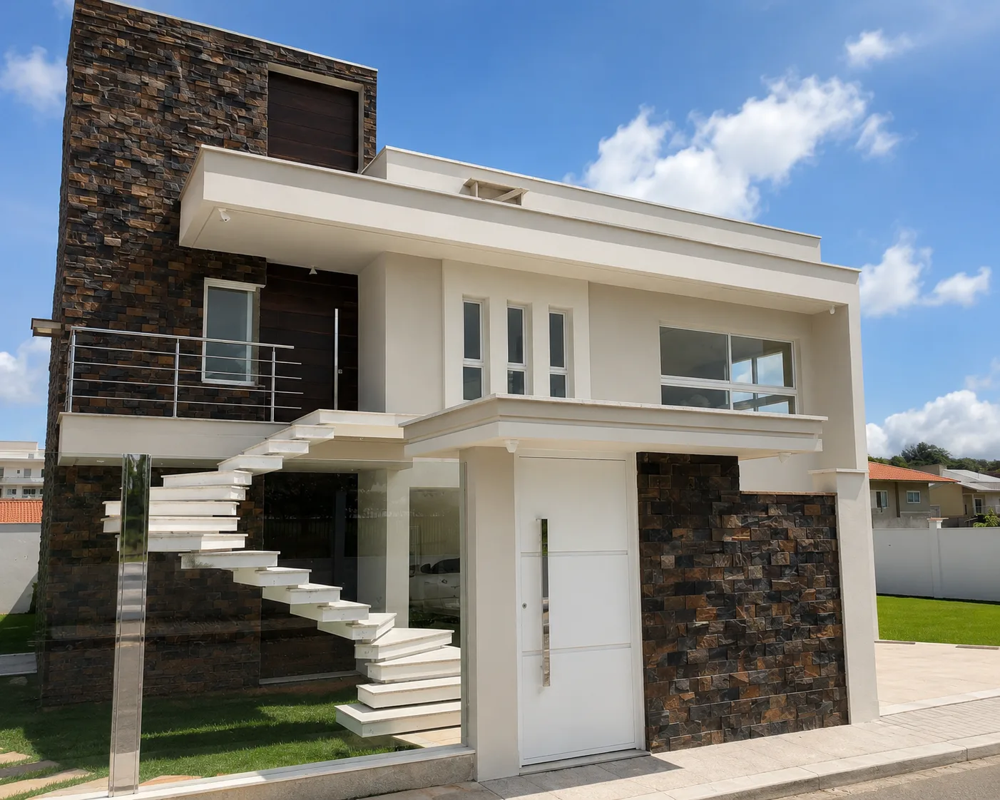 Fachada contemporânea revestida com peças naturais de Pedra Ferro 10x20