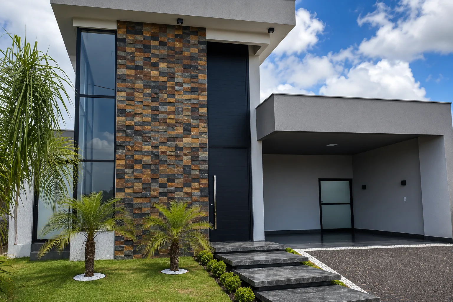 Pedra Ferro 10x20 aplicada em projeto de fachada residencial