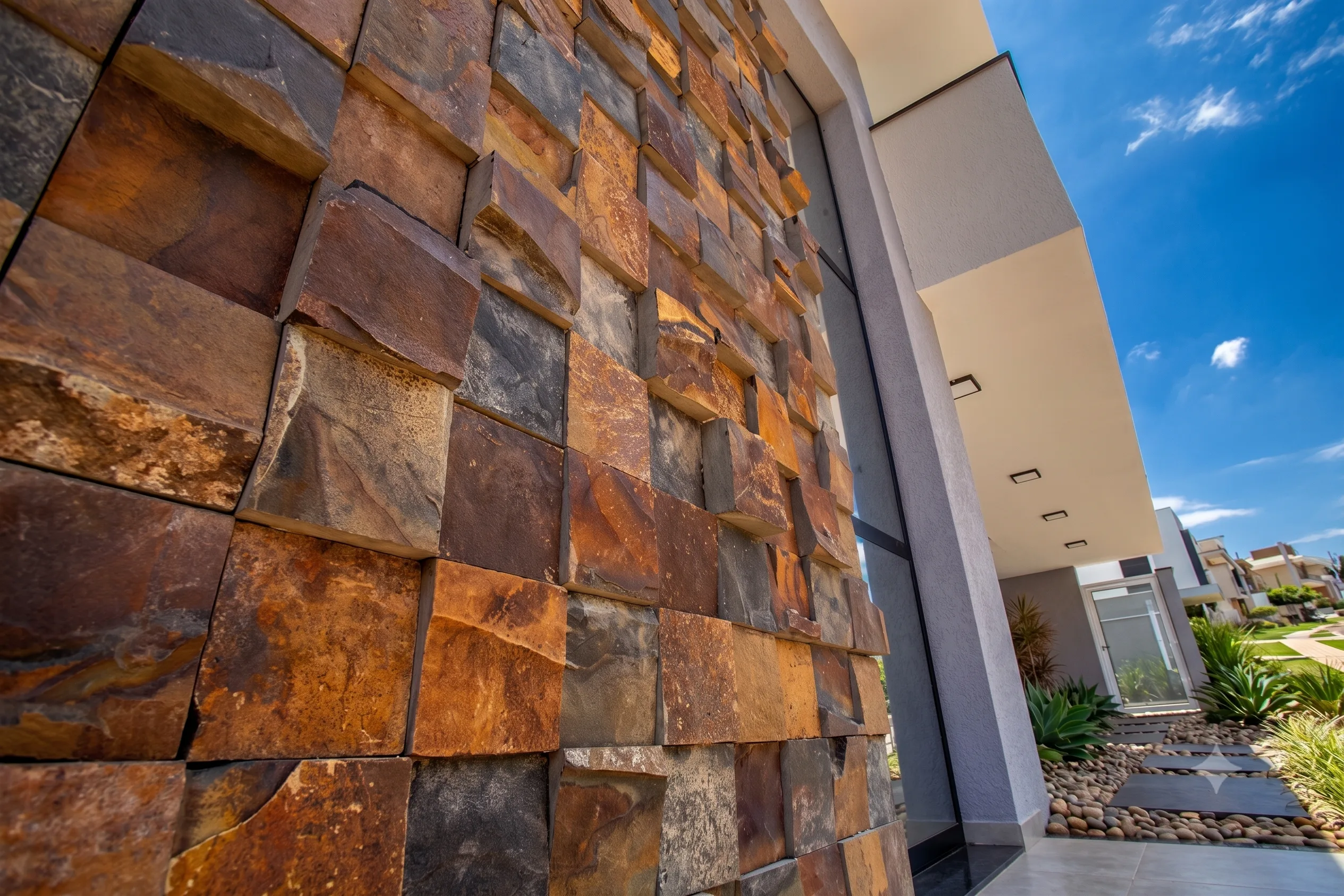 Revestimento Pedra Ferro 3D valorizando fachada residencial contemporânea