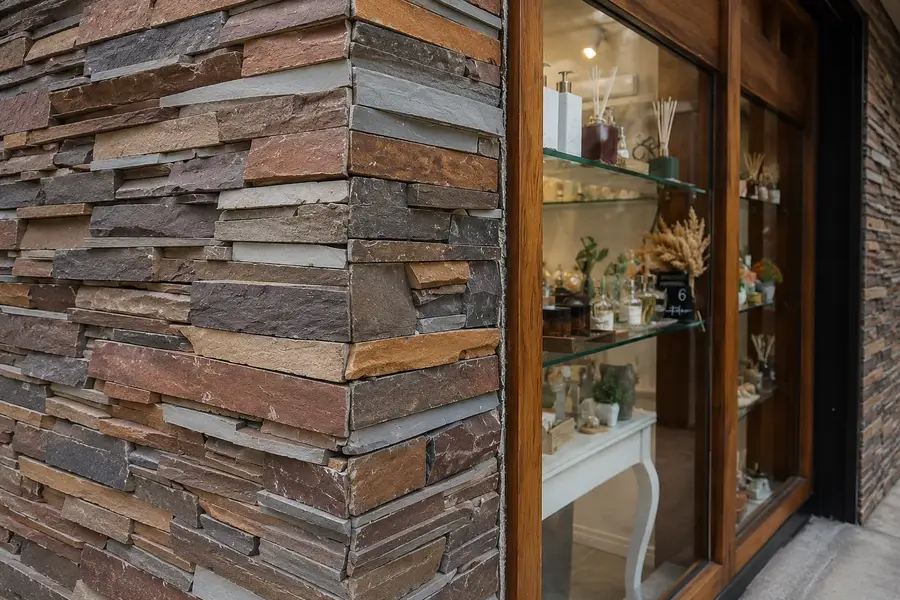 Revestimento em Pedra Ferro Filete valorizando fachada comercial