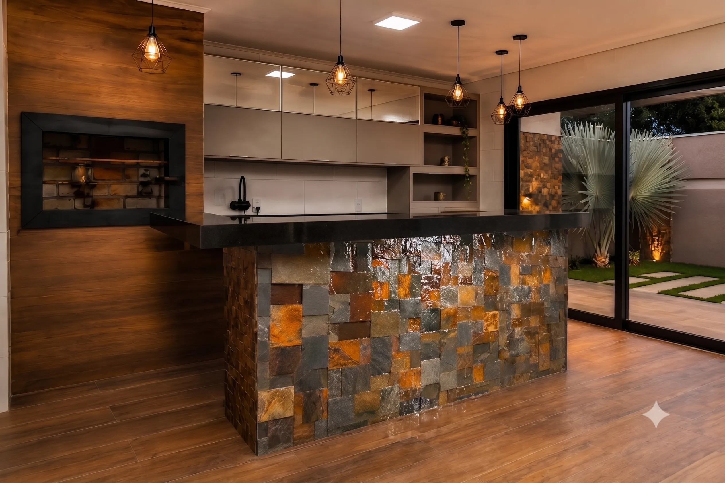 Mosaico solto de Pedra Ferro aplicado em cozinha gourmet