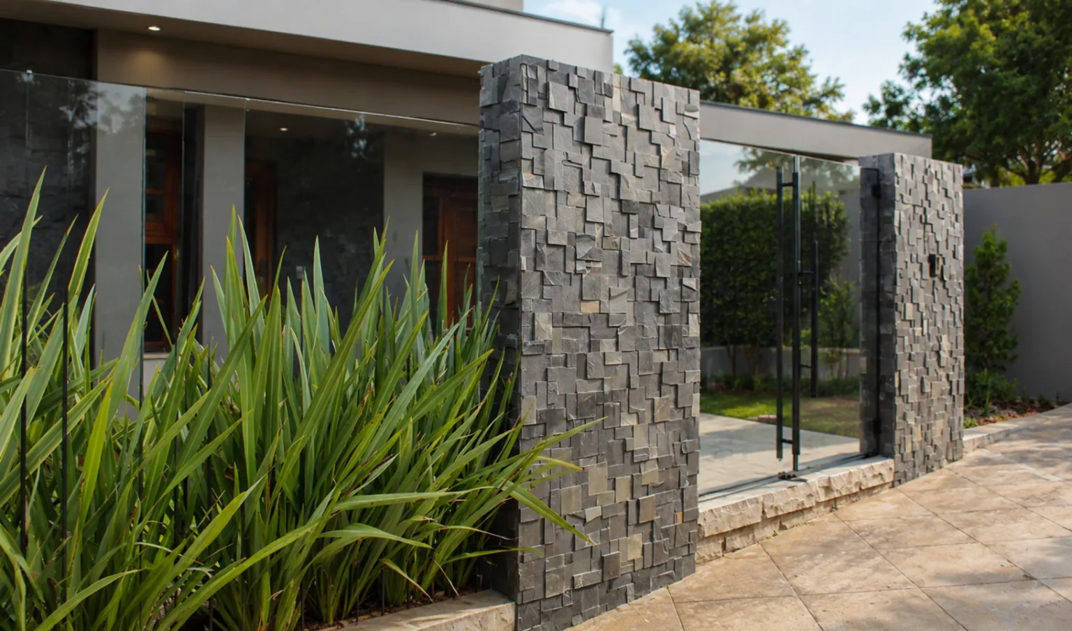 Mosaico de Pedra Ferro Preta compondo muro de fachada contemporânea