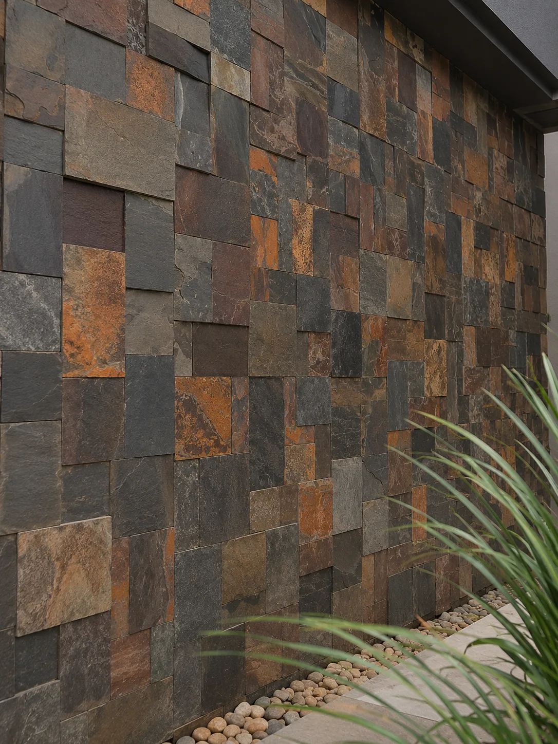 Parede interna composta com mosaico solto de Pedra Ferro natural