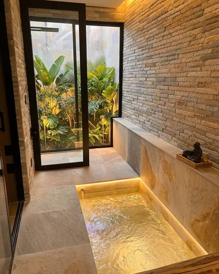 Spa interno com revestimento em pedra natural e iluminação quente