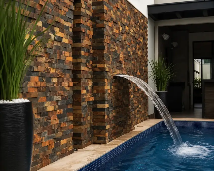 Parede em Pedra Ferro integrada a piscina com cascata