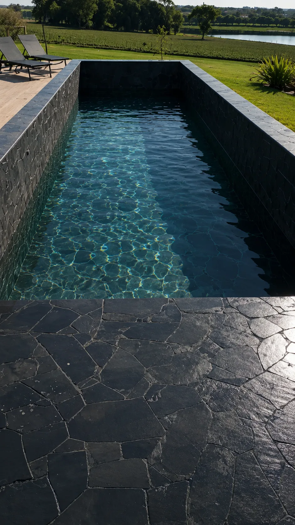 Pedra Ferro Preta em formato orgânico aplicada na área da piscina