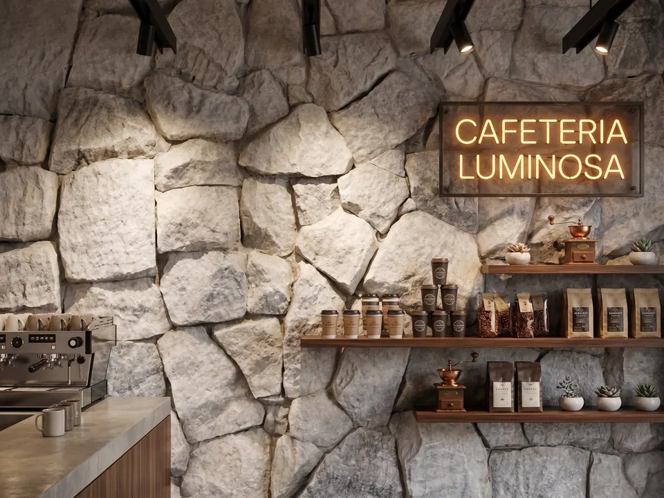 Parede revestida com Moledo Branca Premium em cafeteria com iluminação quente